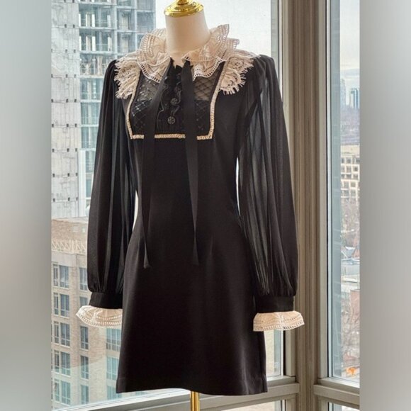 🆕 SELF-PORTRAIT 🧿 NWOT Diamante Trim Mini Dress, Black - Sz US 4 UK 8 - Picture 10 of 15